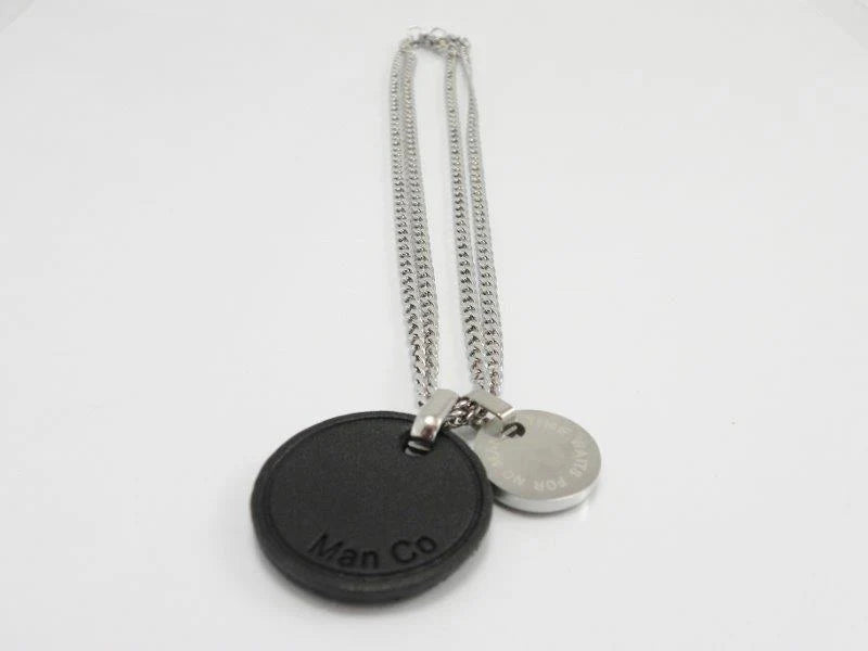 Black Leather Pendant With Stainless Steel Chain Necklace