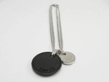 Black Leather Pendant With Stainless Steel Chain Necklace